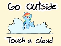 Size: 2424x1812 | Tagged: safe, artist:manicpanda, imported from derpibooru, rainbow dash, pegasus, pony, cloud, cute, dashabetes, female, folded wings, lying down, mare, on a cloud, prone, simple background, smiling, solo, touch grass, wings