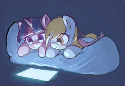 Size: 2250x1560 | Tagged: safe, artist:manicpanda, imported from derpibooru, derpy hooves, twilight sparkle, alicorn, pegasus, pony, cute, duo, female, lesbian, looking at something, pillow, screen, shipping, twerpy, twilight sparkle (alicorn), wing blanket, winghug, wings