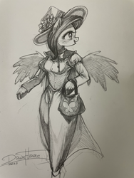 Size: 3024x4032 | Tagged: safe, artist:dawnflame, imported from derpibooru, anthro, pegasus, unguligrade anthro, arm hooves, clothes, dress, female, hat, looking back, signature, solo, sun hat, traditional art