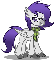 Size: 2920x3250 | Tagged: safe, artist:strategypony, imported from derpibooru, oc, oc only, hippogriff, clothes, feathered wings, folded wings, glasses, grin, high res, looking at you, male, purple eyes, purple mane, scarf, simple background, smiling, smiling at you, solo, transparent background, wings