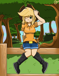 Size: 1280x1646 | Tagged: safe, artist:genericmlp, imported from derpibooru, applejack, human, clothes, fence, hat, humanized, shirt, shorts, solo