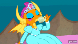 Size: 640x360 | Tagged: safe, imported from derpibooru, screencap, smolder, dragon, season 9, uprooted, animated, clothes, dragoness, dream, dress, eyes closed, female, gif, gifs.com, grin, open mouth, open smile, out of context, princess smolder, shrunken pupils, smiling, solo, undressing, we don't normally wear clothes