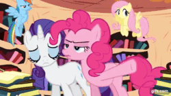 Size: 640x360 | Tagged: safe, imported from derpibooru, screencap, fluttershy, pinkie pie, rainbow dash, rarity, earth pony, pegasus, pony, unicorn, princess twilight sparkle (episode), season 4, animated, book, eyes closed, female, flying, gif, gifs.com, golden oaks library, mare, open mouth, pinkie sense, spread wings, wings