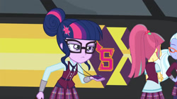 Size: 3410x1920 | Tagged: safe, imported from derpibooru, screencap, sci-twi, sour sweet, sugarcoat, twilight sparkle, equestria girls, friendship games, eyes closed, female, glasses, high res, magic capture device, offscreen character