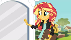 Size: 3410x1920 | Tagged: safe, imported from derpibooru, screencap, sunset shimmer, equestria girls, friendship games, book, clothes, female, high res, jacket, leather, leather jacket, smiling, solo, statue
