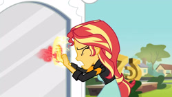 Size: 3410x1920 | Tagged: safe, imported from derpibooru, screencap, sunset shimmer, equestria girls, friendship games, clothes, eyes closed, female, high res, jacket, leather, leather jacket, solo, statue, teeth
