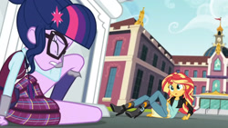 Size: 3410x1920 | Tagged: safe, imported from derpibooru, screencap, sci-twi, sunset shimmer, twilight sparkle, equestria girls, friendship games, boots, canterlot high, clothes, duo, duo female, eyes closed, female, glasses, high heel boots, high res, jacket, leather, leather jacket, magic capture device, open mouth, shoes, statue