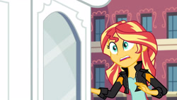 Size: 3410x1920 | Tagged: safe, imported from derpibooru, screencap, sunset shimmer, equestria girls, friendship games, canterlot high, clothes, female, high res, jacket, leather, leather jacket, open mouth, solo, statue
