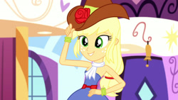 Size: 3410x1920 | Tagged: safe, imported from derpibooru, screencap, applejack, eqg summertime shorts, equestria girls, make up shake up, bare shoulders, cowboy hat, fall formal outfits, female, hand on hip, hat, high res, sleeveless, smiling, solo, strapless