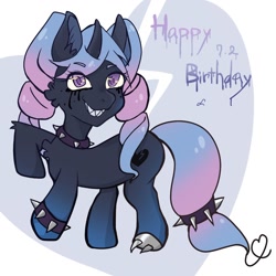 Size: 1280x1280 | Tagged: safe, artist:shellie1425, imported from derpibooru, oc, oc only, oc:poyomi, pony, unicorn, collar, eye clipping through hair, female, happy birthday, horn, looking at you, mare, sharp teeth, solo, spiked collar, teeth