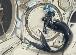 Size: 8490x6131 | Tagged: safe, artist:龙宠, imported from derpibooru, oc, oc only, oc:shanher, anthro, dragon, mermaid, absurd resolution, breasts, clothes, dragoness, female, fins, floppy ears, horn, latex, latex suit, solo, space, space station, spacesuit, transformation, weightlessness