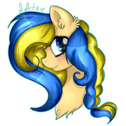 Size: 604x604 | Tagged: safe, artist:arta-the-pony, imported from derpibooru, oc, oc only, oc:ukraine, earth pony, pony, bust, ear fluff, earth pony oc, female, mare, nation ponies, portrait, signature, simple background, smiling, solo, ukraine, white background