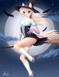 Size: 918x1200 | Tagged: safe, artist:altumsan, imported from derpibooru, oc, oc only, oc:elizabeth, anthro, bat, earth pony, unguligrade anthro, breasts, broom, clothes, coat markings, commission, digital art, female, flying, flying broomstick, hat, looking at you, moon, night, pale belly, pose, socks (coat markings), solo, tail, thighs, witch hat