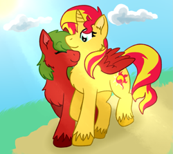 Size: 1237x1101 | Tagged: safe, artist:islomanian, imported from derpibooru, sunset shimmer, oc, oc:red horse, pegasus, pony, unicorn, equestria girls, canon x oc, cheek fluff, chest fluff, duo, duo female, ear fluff, eyes closed, female, hooves, horn, hug, lesbian, mare, outdoors, pegasus oc, shipping, smiling, tail, two toned mane, two toned tail, unshorn fetlocks, walking, winghug, wings