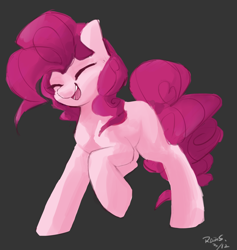 Size: 4489x4733 | Tagged: safe, artist:rainsketch, imported from derpibooru, pinkie pie, earth pony, pony, absurd resolution, dark background, eyes closed, female, full body, gray background, hooves, mare, open mouth, open smile, raised hoof, signature, simple background, smiling, solo, standing, tail