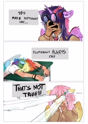 Size: 2638x3731 | Tagged: safe, artist:ametffe, imported from derpibooru, fluttershy, rainbow dash, twilight sparkle, human, alicorn humanization, alternate hairstyle, blatant lies, clothes, comic, crying, eared humanization, facepalm, female, fluttercry, glasses, horned humanization, humanized, necktie, ocular gushers, rainbow douche, sad, scar, shirt, simple background, sweater, t-shirt, table, trio, white background, winged humanization, wristband