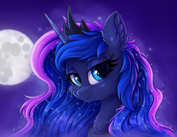 Size: 2592x2016 | Tagged: safe, artist:zeepheru_pone, imported from derpibooru, princess luna, alicorn, pony, bust, chest fluff, ear fluff, ethereal mane, female, high res, looking at you, mare, moon, peytral, portrait, smiling, smiling at you, solo, starry mane