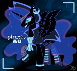 Size: 1280x1190 | Tagged: safe, artist:syriskater, imported from derpibooru, nightmare moon, alicorn, pony, alternate hairstyle, alternate universe, bandage, boots, bracelet, clothes, coat, ear piercing, earring, eyepatch, eyeshadow, female, grin, hat, jewelry, makeup, mare, piercing, pirate, pirate hat, raised hoof, shoes, smiling, solo