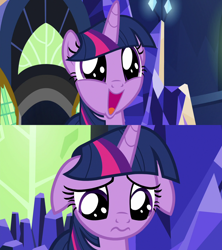 Size: 1280x1440 | Tagged: safe, edit, edited screencap, imported from derpibooru, screencap, twilight sparkle, alicorn, pony, season 7, shadow play, adorkable, cute, dilated pupils, dork, female, floppy ears, happy, happy then sad, mare, puppy dog eyes, reaction image, sad, sadorable, solo, twiabetes, twilight sparkle (alicorn), wavy mouth