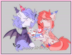 Size: 2048x1568 | Tagged: safe, artist:blairvonglitter, imported from derpibooru, oc, oc only, oc:poneco, bat pony, pegasus, pony, duo, duo female, exclamation point, eyes closed, female, gray background, happy birthday, hat, heart, hello kitty, hello kitty (character), kitty white, mare, open mouth, party hat, sanrio, simple background, wings