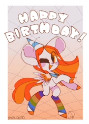 Size: 742x1024 | Tagged: safe, artist:oc_ponys, imported from derpibooru, oc, oc only, oc:poneco, pegasus, pony, 2021, clothes, female, happy birthday, hat, looking at you, mare, one eye closed, party hat, simple background, small wings, socks, solo, text, white background, wings, wink, winking at you