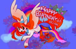 Size: 1190x775 | Tagged: safe, artist:hanamario87, imported from derpibooru, oc, oc only, oc:poneco, pegasus, pony, clothes, female, happy birthday, hat, mare, mouse cursor, party hat, socks, solo, spread wings, wings