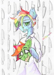 Size: 1353x1872 | Tagged: safe, artist:settt, imported from derpibooru, oc, pony, knife, mask, photo, solo, traditional art