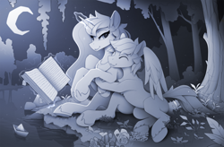 Size: 2170x1424 | Tagged: safe, artist:yakovlev-vad, imported from derpibooru, oc, alicorn, pony, unicorn, book, canon x oc, grayscale, hug, lacrimal caruncle, magic, monochrome, moon, night, paper boat, river, scenery, telekinesis, tree, water