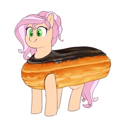 Size: 937x1000 | Tagged: safe, artist:sirmasterdufel, imported from derpibooru, oc, oc only, oc:claire, earth pony, pony, clothes, costume, eclair, eclair costume, female, food, food costume, mare, not fluttershy, pun, simple background, smiling, solo, visual pun, white background