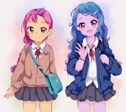 Size: 2570x2267 | Tagged: safe, artist:moh_mlp2, imported from derpibooru, izzy moonbow, sunny starscout, equestria girls, anime style, bag, clothes, cute, cutie mark on clothes, duo, duo female, equestria girls-ified, female, fluttershy's cutie mark, g5, horn, izzybetes, looking at you, rainbow dash's cutie mark, saddle bag, school uniform, skirt, sunnybetes, twilight sparkle's cutie mark