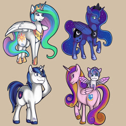 Size: 1024x1024 | Tagged: safe, artist:kenisu-of-dragons, imported from derpibooru, princess cadance, princess celestia, princess flurry heart, princess luna, shining armor, alicorn, pony, unicorn, alicorn triarchy, baby, baby pony, beige background, butt, crown, ethereal mane, female, filly, foal, hoof shoes, jewelry, looking at you, lovebutt, male, mare, mother and child, mother and daughter, plot, raised hoof, regalia, royal sisters, salute, siblings, simple background, sisters, smiling, stallion, starry mane, starry tail, tail, tan background