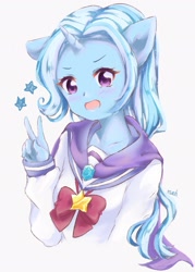Size: 1463x2048 | Tagged: safe, artist:moh_mlp2, imported from derpibooru, trixie, anthro, unicorn, brooch, bust, clothes, cute, diatrixes, female, horn, jewelry, looking at you, mare, open mouth, peace sign, ribbon, school uniform, simple background, solo, stars, trixie's brooch, white background