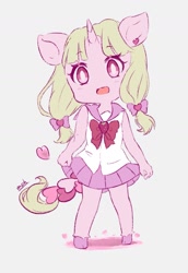 Size: 1021x1480 | Tagged: safe, artist:moh_mlp2, imported from derpibooru, oc, oc only, oc:yuno, anthro, unguligrade anthro, unicorn, clothes, cute, female, food, gray background, heart, horn, looking at you, mare, ocbetes, open mouth, ribbon, school uniform, simple background, skirt, solo, strawberry