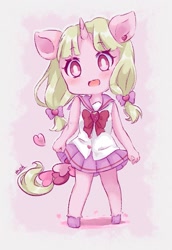 Size: 1021x1480 | Tagged: safe, artist:moh_mlp2, imported from derpibooru, oc, oc only, oc:yuno, anthro, unguligrade anthro, unicorn, clothes, cute, female, food, heart, horn, looking at you, mare, ocbetes, open mouth, ribbon, school uniform, skirt, solo, strawberry