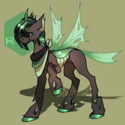 Size: 1800x1800 | Tagged: safe, artist:defiant_fox, artist:defiantfox, imported from derpibooru, oc, oc only, changeling, changeling oc, green changeling, raised hoof, simple background, solo