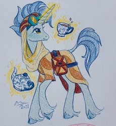 Size: 1957x2126 | Tagged: safe, artist:creeate97, imported from derpibooru, hoo'far, pony, unicorn, cup, magic, solo, teacup, teapot, telekinesis, traditional art, unshorn fetlocks