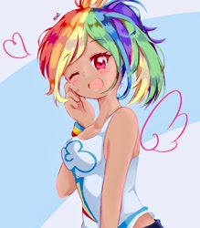 Size: 1791x2048 | Tagged: safe, artist:moh_mlp2, imported from derpibooru, kotobukiya, rainbow dash, human, adorasexy, bare shoulders, blue background, breasts, clothes, cute, cutie mark on clothes, dashabetes, female, heart, humanized, kotobukiya rainbow dash, looking at you, one eye closed, open mouth, sexy, simple background, sleeveless, solo, stupid sexy rainbow dash, wings, wink, winking at you