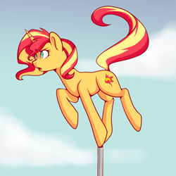 Size: 1024x1024 | Tagged: safe, artist:maeveadair, imported from derpibooru, sunset shimmer, pony, unicorn, equestria girls, balancing, confused, cute, female, mare, pole, shimmerbetes, sky, solo