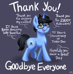 Size: 1298x1318 | Tagged: safe, artist:sabrib, imported from derpibooru, oc, oc only, oc:tinker doo, pony, unicorn, dialogue, farewell, full body, glasses, goodbye, hooves, horn, male, milestone, open mouth, open smile, shading, signature, simple background, smiling, solo, stallion, tail, text, thank you, unicorn oc