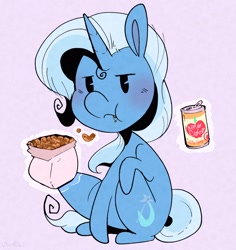 Size: 2436x2584 | Tagged: safe, artist:urbanqhoul, imported from derpibooru, trixie, pony, unicorn, apple cider, drink, eating, female, food, magic, mare, solo, trixie is not amused, unamused