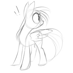 Size: 2000x2000 | Tagged: safe, artist:meekcheep, imported from derpibooru, pegasus, pony, exclamation point, grayscale, looking back, monochrome, simple background, sketch, solo, white background