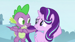 Size: 1280x720 | Tagged: safe, imported from derpibooru, screencap, spike, starlight glimmer, dragon, pony, unicorn, a matter of principals, female, grin, looking at each other, male, mare, nervous, nervous grin, smiling, smiling at each other, winged spike, wings