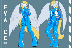 Size: 6000x4000 | Tagged: safe, artist:in3ds2, imported from derpibooru, oc, oc only, oc:cutting chipset, anthro, pegasus, unguligrade anthro, bodysuit, breasts, clothes, crossover, female, latex, latex suit, looking at you, looking down, male, neon genesis evangelion, plugsuit, simple background, spread wings, wings