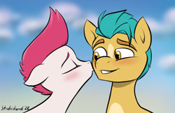 Size: 875x568 | Tagged: safe, artist:strebiskunk, imported from derpibooru, hitch trailblazer, zipp storm, earth pony, pegasus, pony, blushing, cheek kiss, cute, female, g5, hitchzipp, kissing, male, mare, shipping, stallion, straight