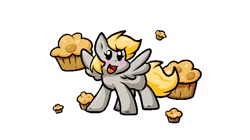 Size: 600x335 | Tagged: safe, artist:zutcha, imported from derpibooru, derpy hooves, pegasus, pony, blushing, chibi, cute, derpabetes, female, food, mare, muffin, open mouth, open smile, simple background, smiling, solo, spread wings, white background, wings