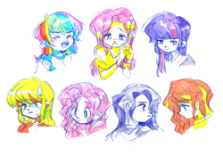 Size: 3770x2644 | Tagged: safe, artist:0828m, imported from derpibooru, applejack, fluttershy, pinkie pie, rainbow dash, rarity, sunset shimmer, twilight sparkle, equestria girls, angry, bust, colored, crying, doubt, eyes closed, hair over one eye, humane five, humane six, o mouth, open mouth, simple background, surprised, sweat, sweatdrop, teary eyes, uneasy, white background, worried