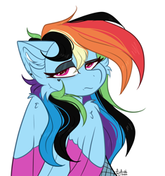 Size: 3600x3824 | Tagged: safe, artist:tizhonolulu, imported from derpibooru, rainbow dash, pegasus, pony, alternate design, annoyed, cheek fluff, ear fluff, emo, emodash, goth, simple background, solo, unamused, white background, wings