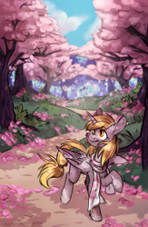 Size: 1105x1698 | Tagged: safe, artist:lonerdemiurge_nail, imported from derpibooru, derpy hooves, alicorn, pony, alicornified, cherry blossoms, clothes, cloud, derpicorn, flower, flower blossom, petals, race swap, road, scarf, sky, solo, tree