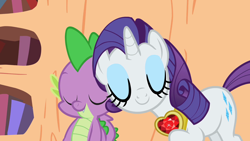 Size: 1280x720 | Tagged: safe, imported from derpibooru, screencap, rarity, spike, dragon, pony, unicorn, season 2, secret of my excess, cute, daaaaaaaaaaaw, duo, female, fire ruby, gem, golden oaks library, male, mare, nuzzling, raribetes, ruby, shipping, shipping fuel, sparity, spikabetes, straight