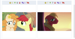 Size: 1242x657 | Tagged: safe, imported from derpibooru, big macintosh, bright mac, pear butter, derpibooru, brightbutter, female, juxtaposition, male, mare, meta, shipping, stallion, straight